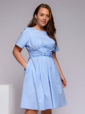 Платье голубое в горошек с перекрученным лифом