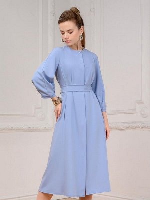 Платье голубое длины миди с поясом и длинными рукавами