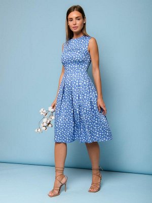 Платье голубое длины миди с цветочным принтом без рукавов