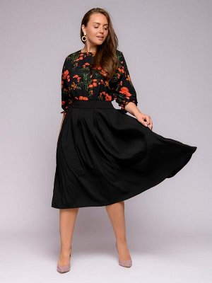 Платье черное длины миди с рукавами "летучая мышь" и верхом с цветочным принтом