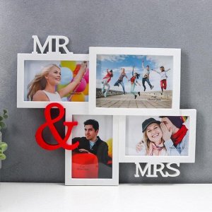 Фоторамка пластик на 4 фото 10х15, 13х18 см "Mr&amp;Mrs" белая 40х33х2 см