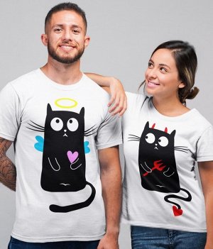 Одна футболка из комплекта для двоих " коты ангел — демон " / модель женская / xs (40-42)