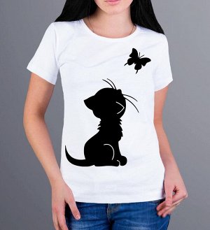 Женская футболка котенок с бабочкой, цвет белый