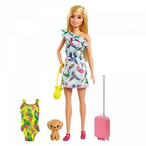 Набор Barbie (Барби) Кукла блондинка в платье с питомцем и аксесс., 32*15*5 см