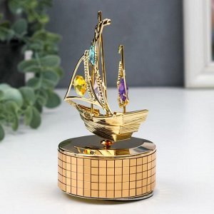 Музыкальный сувенир с кристаллами "Пиратский корабль" золото 12,2х9,3 см