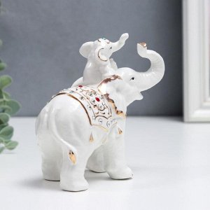 Сувенир керамика "Белый слон со слонёнком" стразы, с золотом 12х13,5х6,5 см