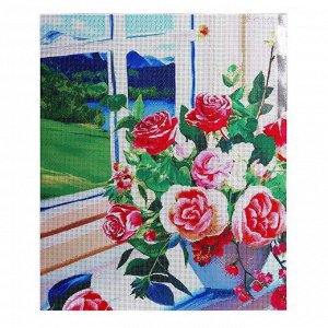 Алмазная мозаика с полным заполнением «Букет роз на окне» 50x60 см, на подрамнике