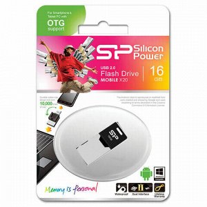 Флеш-диск 16 GB, SILICON POWER Mobile X20, OTG+USB 2.0, металлический корпус, черный, SP16GBUF2X20V1K