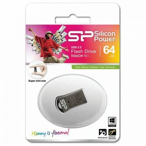 Флеш-диск 64 GB, SILICON POWER Touch T01, USB 2.0, металлический корпус, черный, SP64GBUF2T01V1K