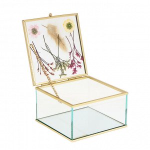 Шкатулка для ювелирных изделий с декором из сухоцветов и с зеркальным дном 12х12х7см, стекло, металл