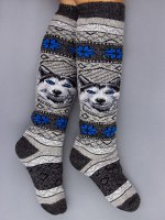 Гольфы шерстяные женские, хаски, синие снежинки, серый