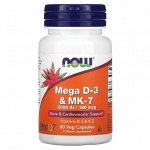 Now Foods, мега D3 и MK-7, 180 мкг (5000 МЕ), 60 растительных капсул