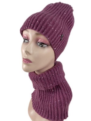 Комплект шапка женская и манишка, цвет красно-фиолетовый