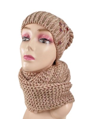 Комплект женская шапка и шарф, цвет розовый с коричневым