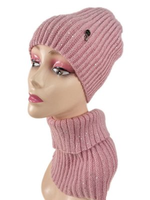 Комплект шапка женская и манишка, цвет светло розовый