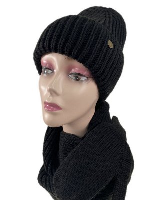 Комплект шапка женская, шарф и варежки, цвет черный