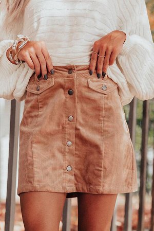 Бежевая вельветовая мини-юбка с высокой талией и карманами с застежкой на пуговицах