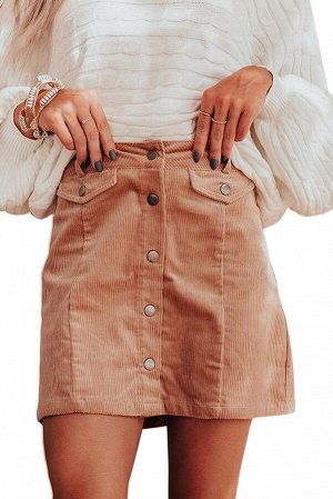Бежевая вельветовая мини-юбка с высокой талией и карманами с застежкой на пуговицах