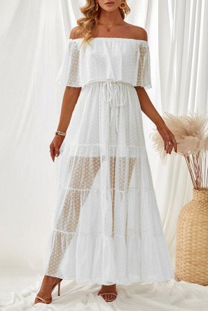 Белое полупрозрачное платье в горошек с открытыми плечами