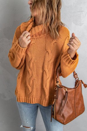 Оранжевый свитер крупной вязки с воротником под горло