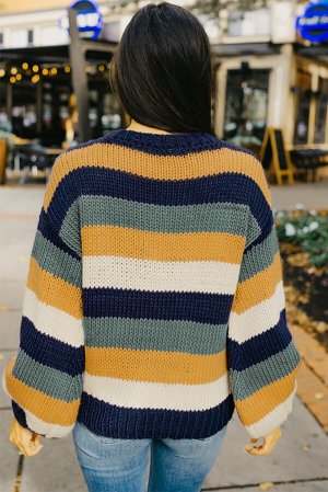 Желто-синий вязаный свитер оверсайз в разноцветную полоску