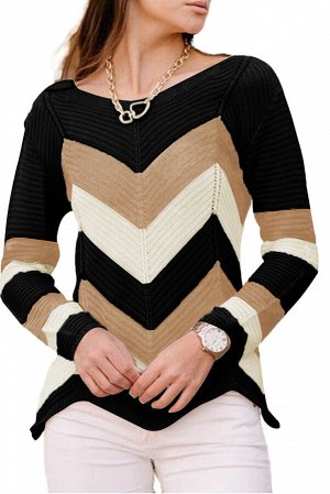Бежево-черный свитер в V-образную полоску