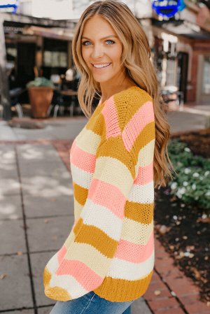 Оранжево-желтый вязаный свитер оверсайз в разноцветную полоску