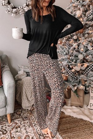 Черный леопардовый комплект для дома: брюки свободного кроя + топ с длинным рукавом