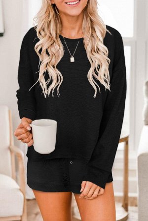 Black Ribbed Knit Drop-Shoulder Sleeve Top and Shorts Lounge Set