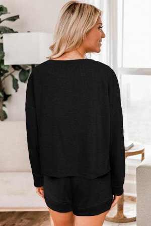 Black Ribbed Knit Drop-Shoulder Sleeve Top and Shorts Lounge Set