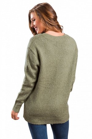 Оливковый меланжевый свитер со шнуровкой в вырезе