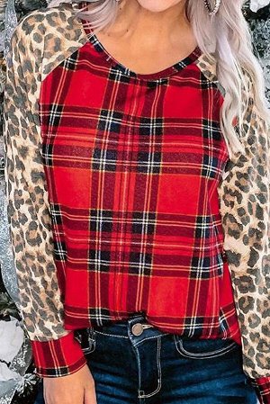 Красный клетчатый пуловер-свитшот с леопардовыми рукавами реглан