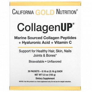 California Gold Nutrition, CollagenUP, морской гидролизованный коллаген с гиалуроновой кислотой и витамином C, без добавок, 30 пакетиков по 5,16 г (0,18 унции)