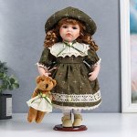 Кукла коллекционная керамика &quot;Леночка в оливковом платье и шляпке, с мишкой&quot; 30 см