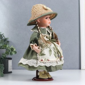 Кукла коллекционная керамика "Людочка в зелёном платье с цветами, в шляпке" 30 см