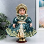 Кукла коллекционная керамика &quot;Танечка в платье цвета морской волны и чепчике&quot; 30 см