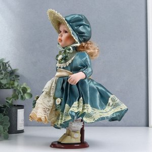 Кукла коллекционная керамика "Танечка в платье цвета морской волны и чепчике" 30 см