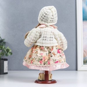 Кукла коллекционная керамика "Алёна в розовом платье и белой вязаной кофте" 30 см