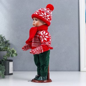 Кукла коллекционная керамика &quot;Паша в красном зимнем свитере, шапке и шарфе&quot; 30 см