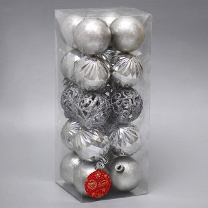 Набор шаров пластик d-6 см, 20 шт "Лоран узоры" серебро