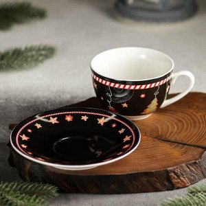 Чайная пара фарфоровая Magistro «Новый год. Пряничное волшебство», 2 предмета: чашка 280 мл, блюдце d=15 см