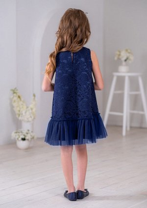 Платье из атласа с верхним слоем кружевного полотна, цвет темно синий
