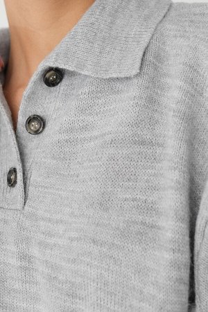Addax Серый свитер с воротником-поло на пуговицах