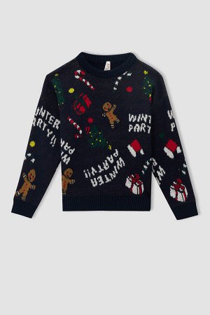 Трикотажный свитер с круглым вырезом для девочек на рождественскую тематику