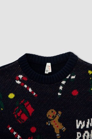 Трикотажный свитер с круглым вырезом для девочек на рождественскую тематику