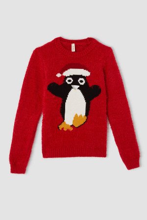Рождественский свитер для девочек с круглым вырезом и фигурной бородой в виде пингвина