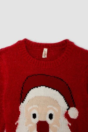 Рождественский свитер для девочек с круглым вырезом и фигурной бородой Санта-Клауса