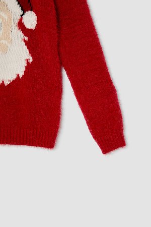 Рождественский свитер для девочек с круглым вырезом и фигурной бородой Санта-Клауса