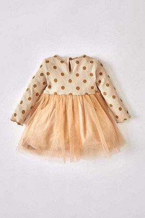 Платье для маленьких девочек с круглым вырезом и длинными рукавами из тюля в горошек