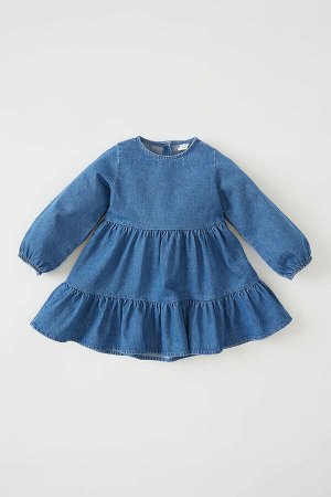 Джинсовое платье стандартного кроя с круглым вырезом и длинными рукавами для маленьких девочек